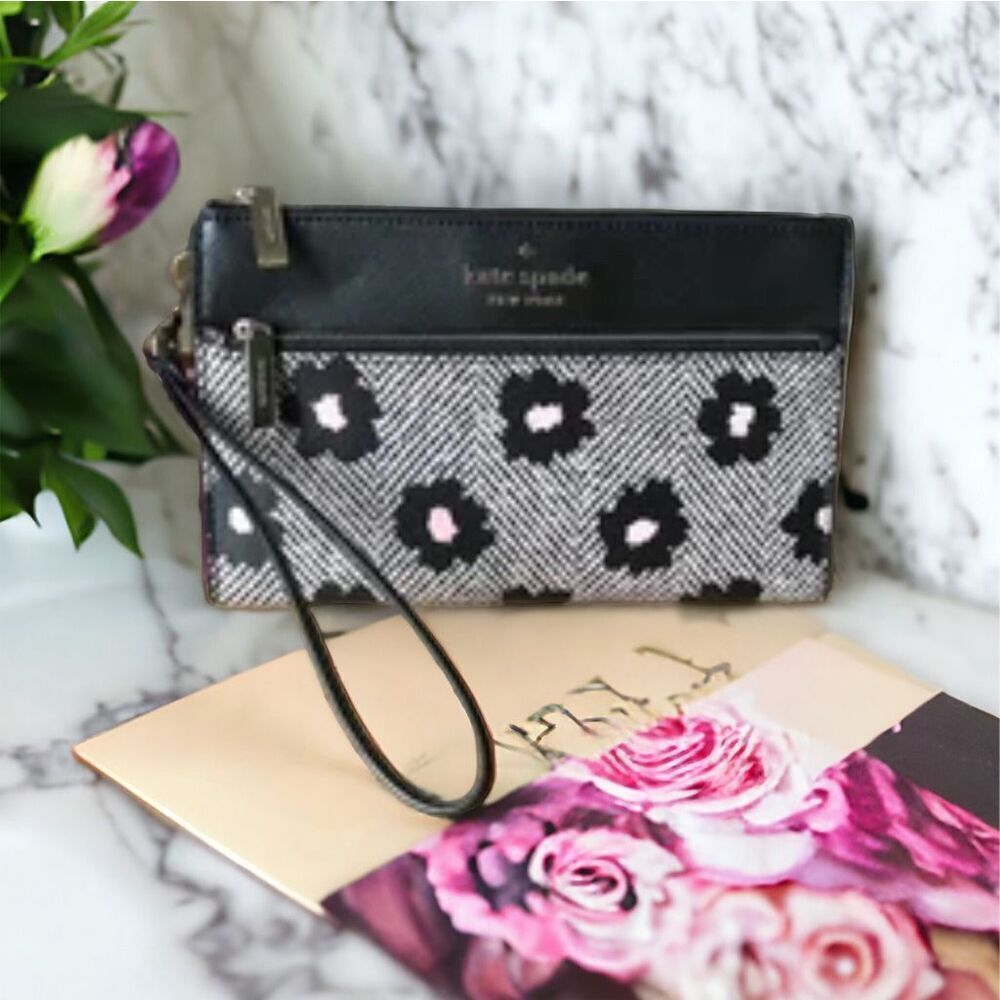 Kate spade Staci Herringbone Floral Printed Dual Zip Medium Wristlet, Black
